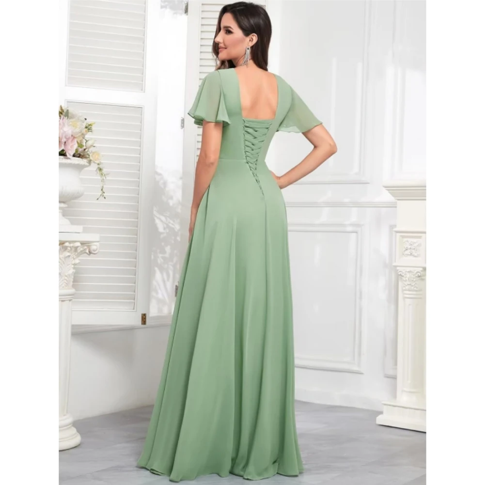 فساتين طويلة من الشيفون لوصيفة العروس للنساء ، رقبة على شكل حرف V ، أكمام أنيقة مكشكشة ، فتحة جانبية ، فستان سهرة للأمهات