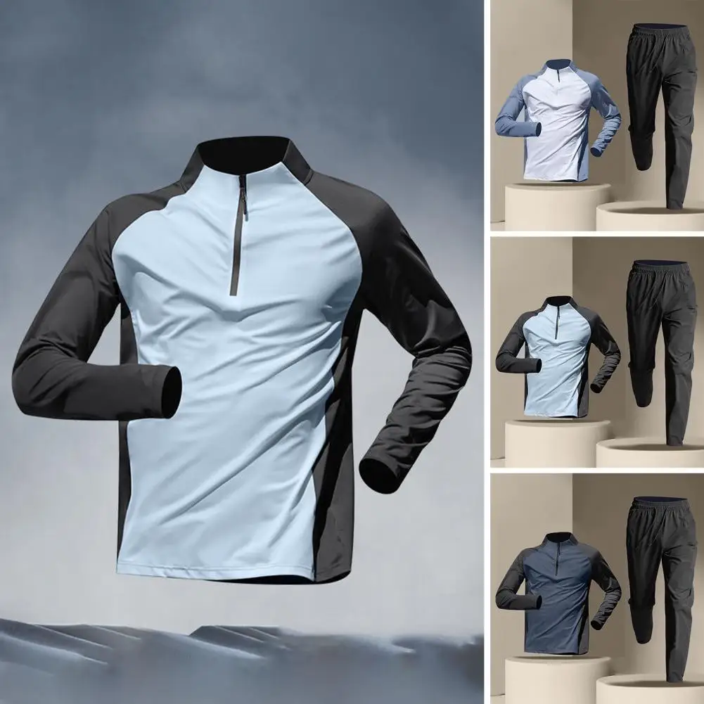 Half-zip Training Clothes Men\'s Quick-drying Long-sleeved Trousers Suit Sports Track and Field T-shirt Running Fitness Clothes