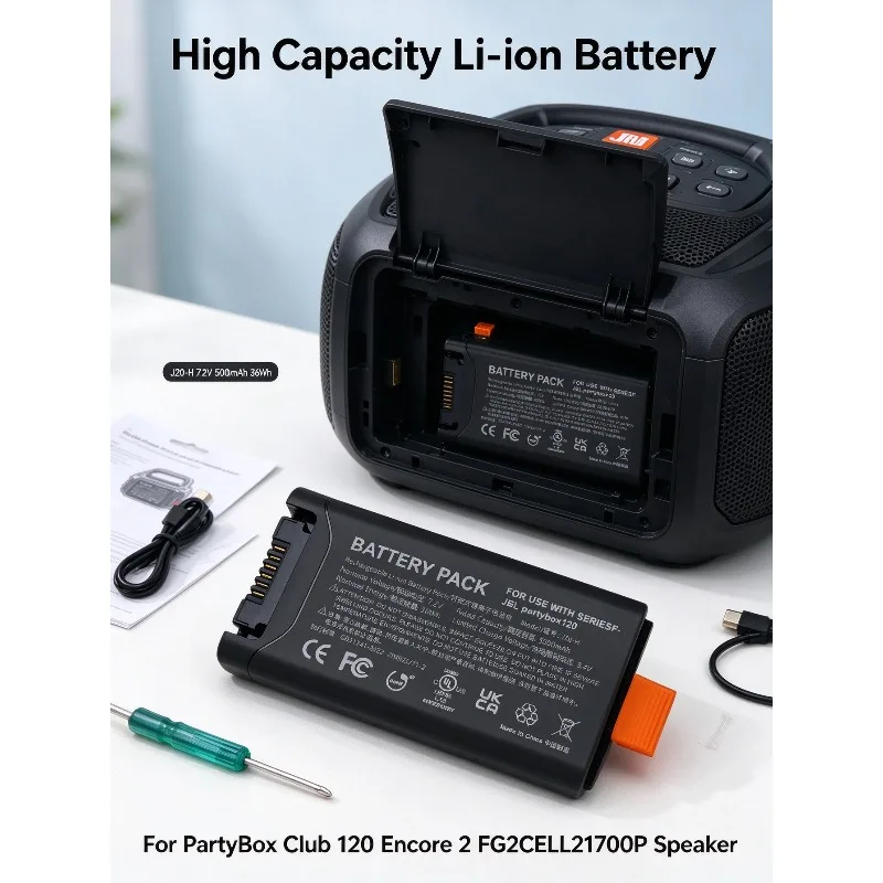 J20-H 7.2V 5000mAh 36Wh High Capacity Replacement Li-ion Battery for JB L  PartyBox Club 120 Encore 2 FG2CELL21700P Speaker