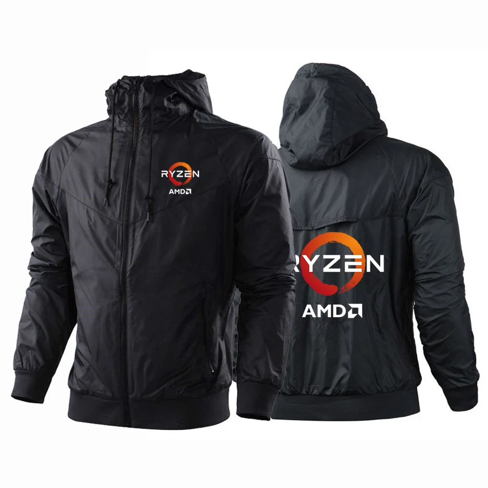 2025 CPU AMD RYZEN Men Spring and Autumn Thin Windproof Casual Hooded Color Matching Fashion Printing Windbreaker Coat