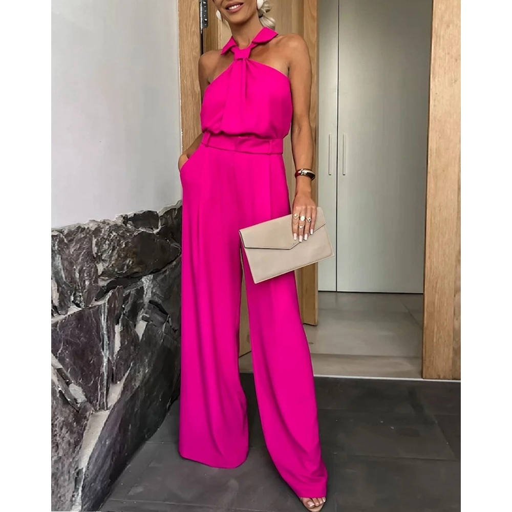 

Jumpsuits Women 2024 Summer Stylish Turn-down Collar Halter Jumpsuits Casual Sleeveless Wide Leg Jumpsuit Party Women Clothing