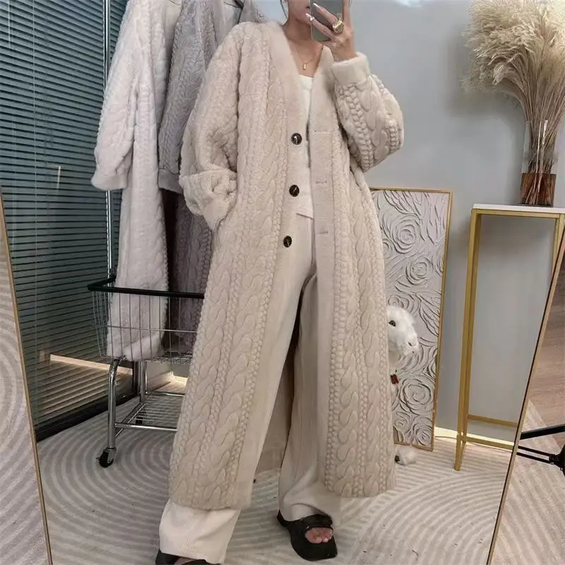 Women Fur Cardigan Thickened Long 2026 Spring Autumn V-neck Jacket Female Loose Simple Leisure With Buttons Faux Fur Mink Coat