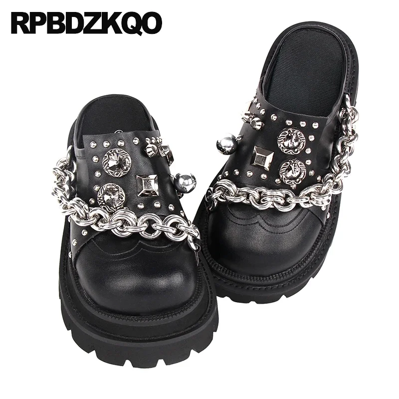 

Metal Closed Toe Chain Slip On Platform Slippers Half Shoes Plus Size Studded Rivet Women Wide Thick Mules Punk Sandals Slides