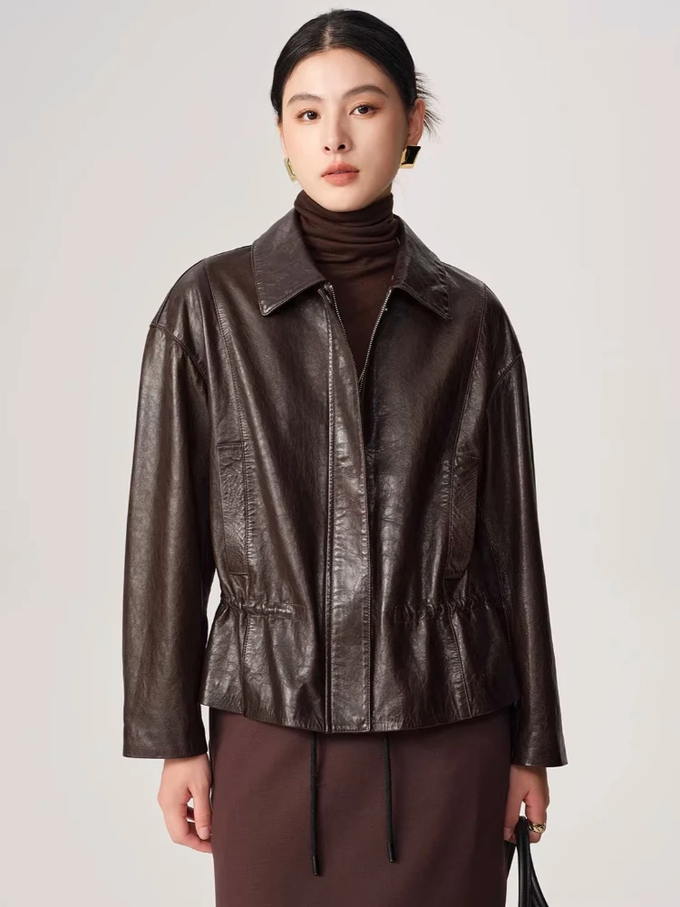 

Casual Short Genuine Leather Jackets for Women Spring Autumn 2026 New High-end Simple Slim Soft Oil Wax Real Sheepskin Coat