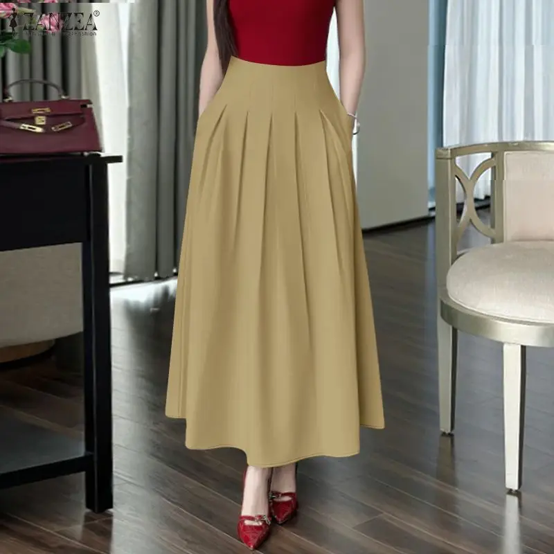 Women's Elegant Pleated Midi Skirts Elastic High Waist Solid Color A-Line Long Skirt ZANZEA Summer Minimalist Faldas de Mujer
