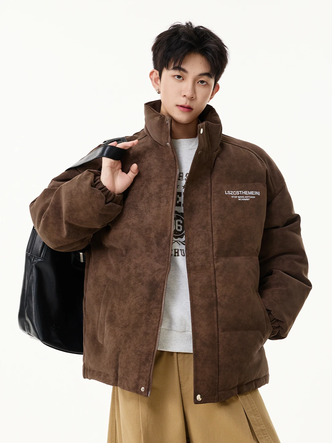 

Thiened Padded Jaet Men's Winter Faion Brand American Retro Stand Collar PU Leather Cotton down Bread Coat