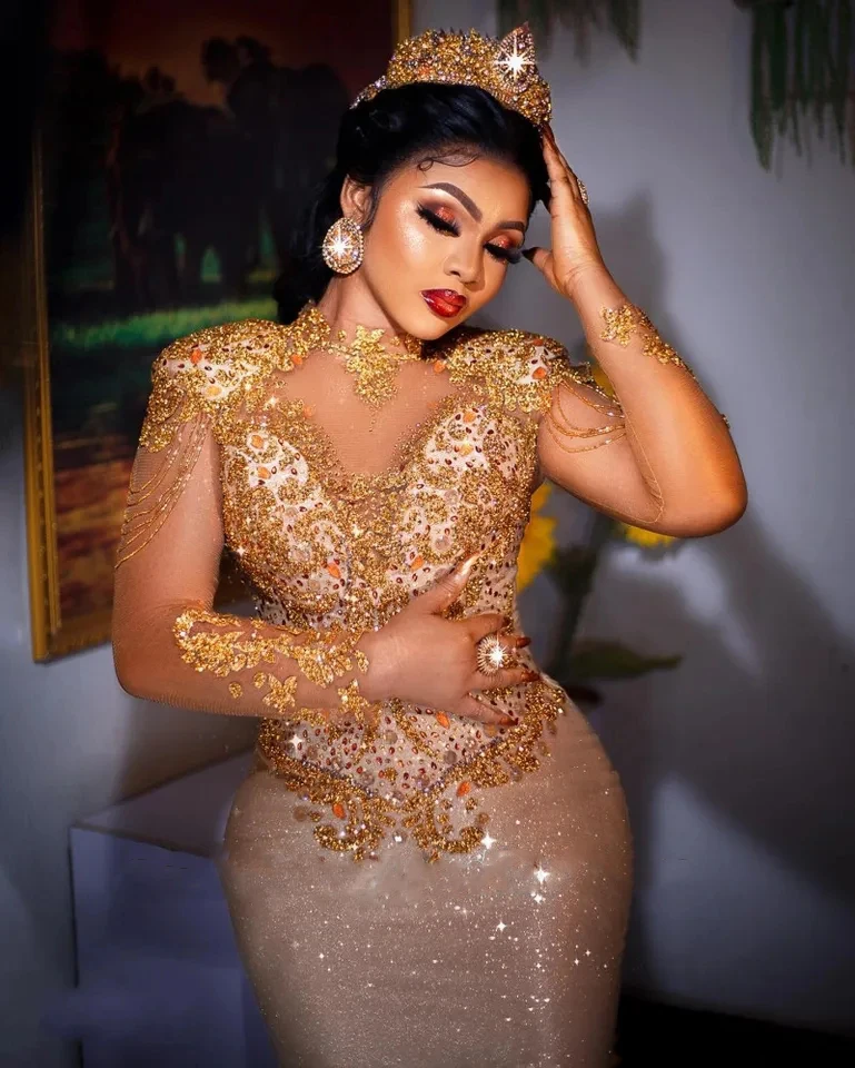 Shiny Champagne Beaded African Prom Dresses Plus Size Mermaid Gold Celebrity Gown Aso Ebi Wedding Guest Party Dress Long Sleeves