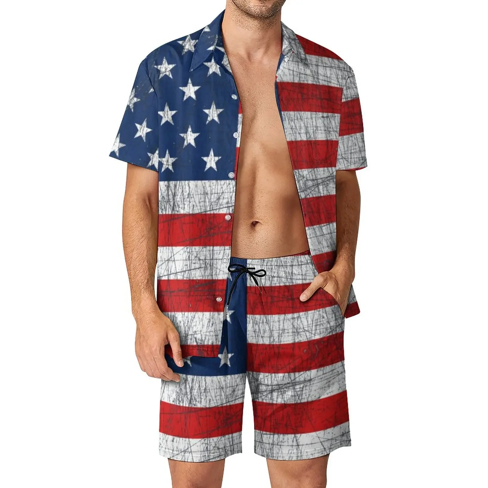 American USA Flag Shirt Sets 3D Print Men Casual Fashion Short Sleeves Shirts Oversized Beach Shorts Hawaiian Tops Suits Clothes