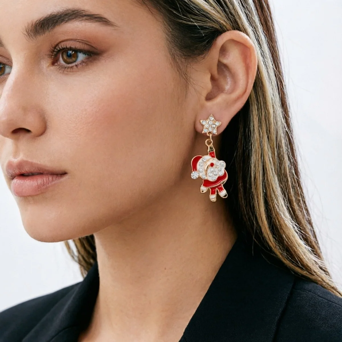 Weihnachts-Strass-Stern-Weihnachtsmann-Ohrhänger für Damen, modische rote Schleifen-Weihnachtsstangen-Weinglas-Socken-Ohrringe, Neujahrs-Schmuck – Detail 15