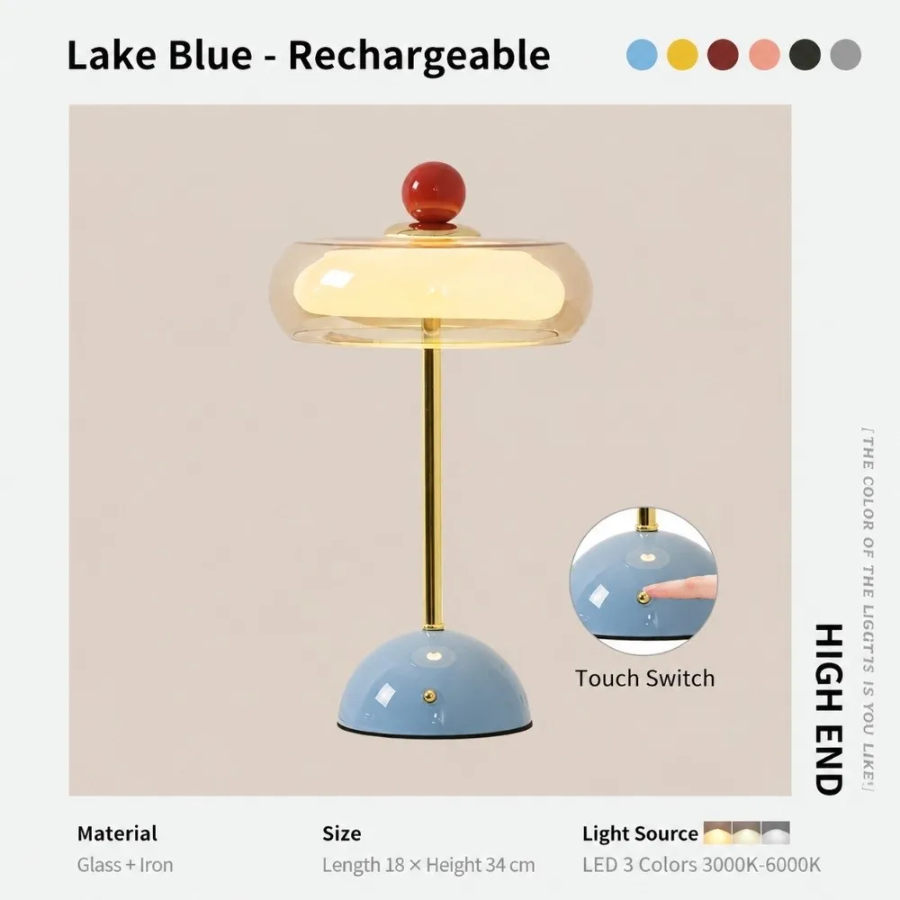 Creative Rechargeable Retro Glass Desk Lamp Dimmable Dopamine Colored Table Light Decorative Ambient Light Bedroom Bedside
