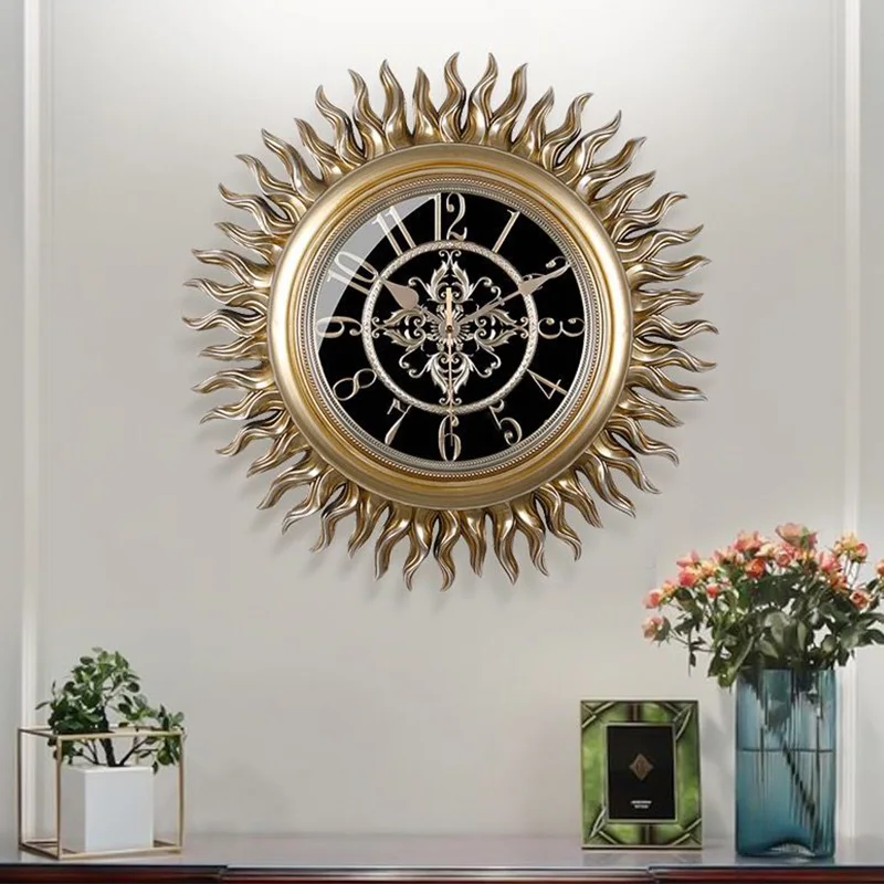 TUDA European-style Round Large Wall Clock Luxury Vintage Home Decor Living Room Study Mute Golden Creative Decorative Clock