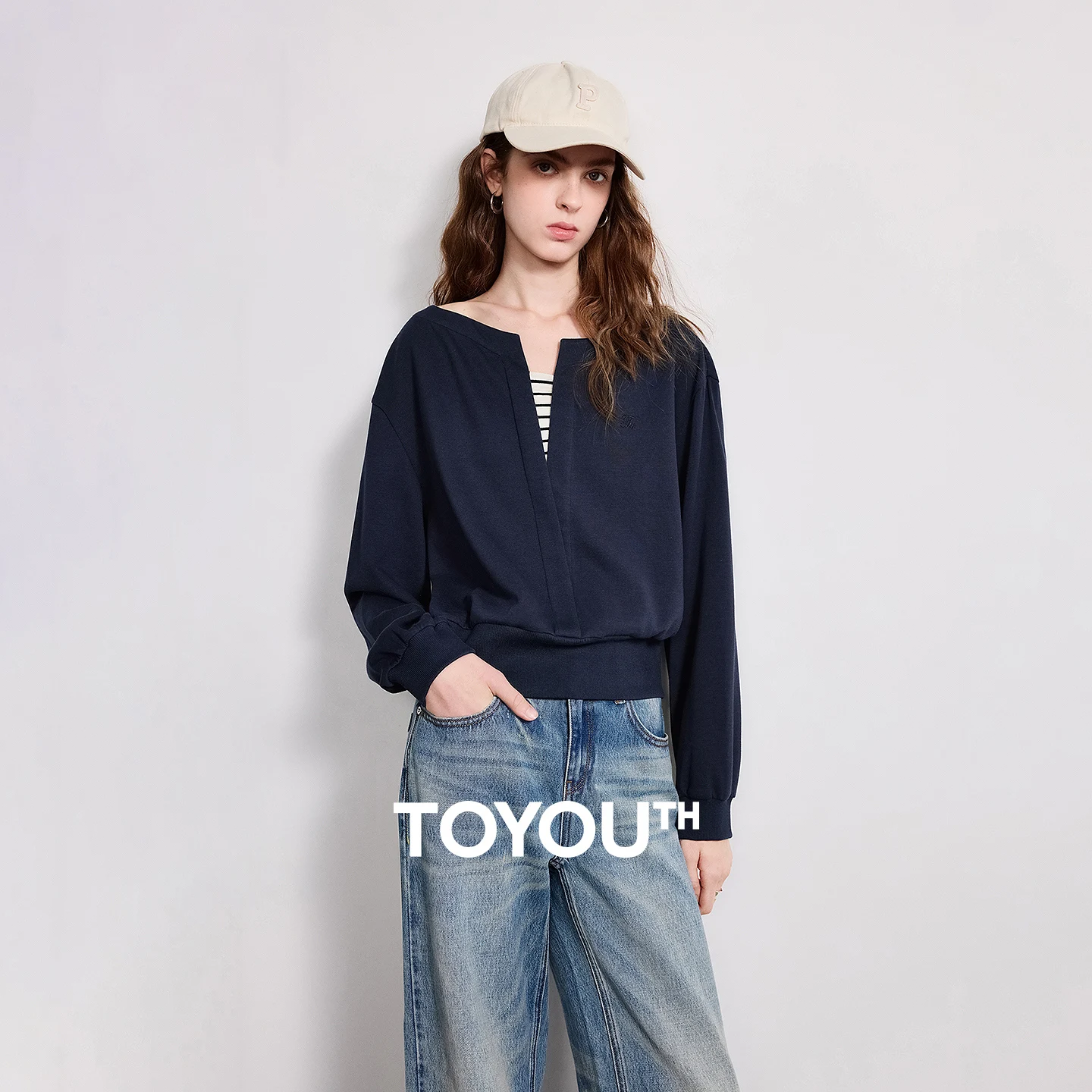 TOYOUTH Women T-shirt 2026 Spring New Pearl Ground Air Layer Loose Short Piece Spliced Fake Two-piece Waist Cinching Top