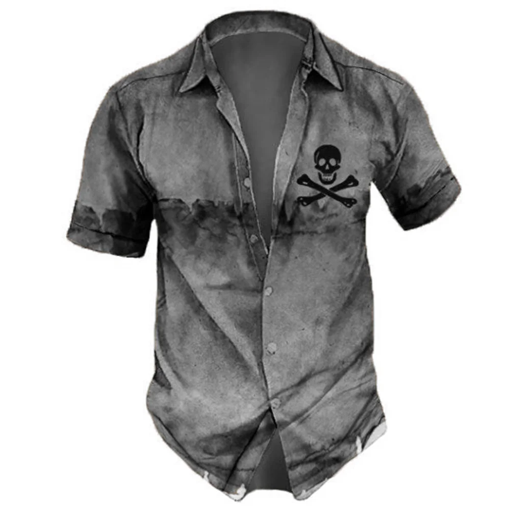 Vintage Men\'s Shirt Hip Hop Skull Print Short Sleeve Oversized Top Tees Old Casual Hawaiian Men Clothing Lapel Shirt Streetwear