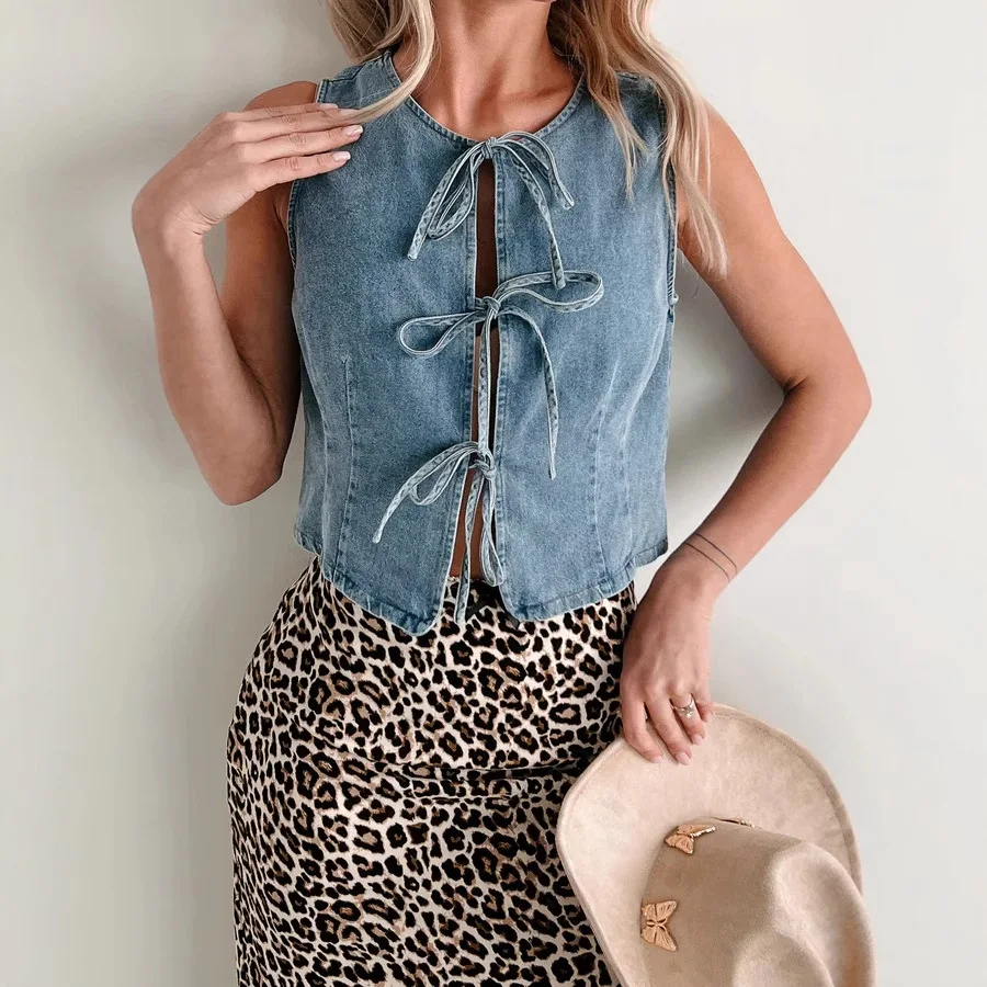 

Синяя женская летняя новинка: повседневная джинсовая жилетка свободного кроя с круглым вырезом, укороченная, с эффектом тай-дай