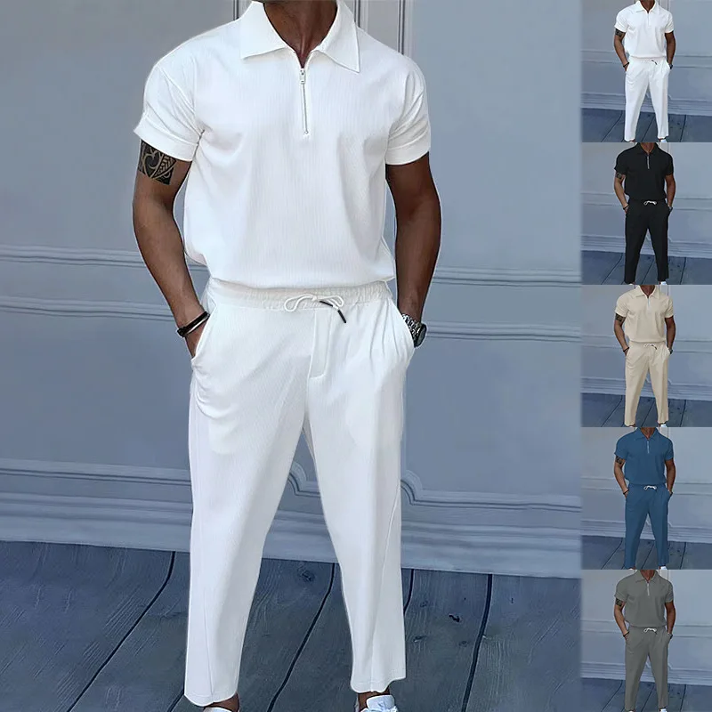 

Summer new European and American trade plus size men's solid color set, collar, short sleeved zipper pants set, in stock