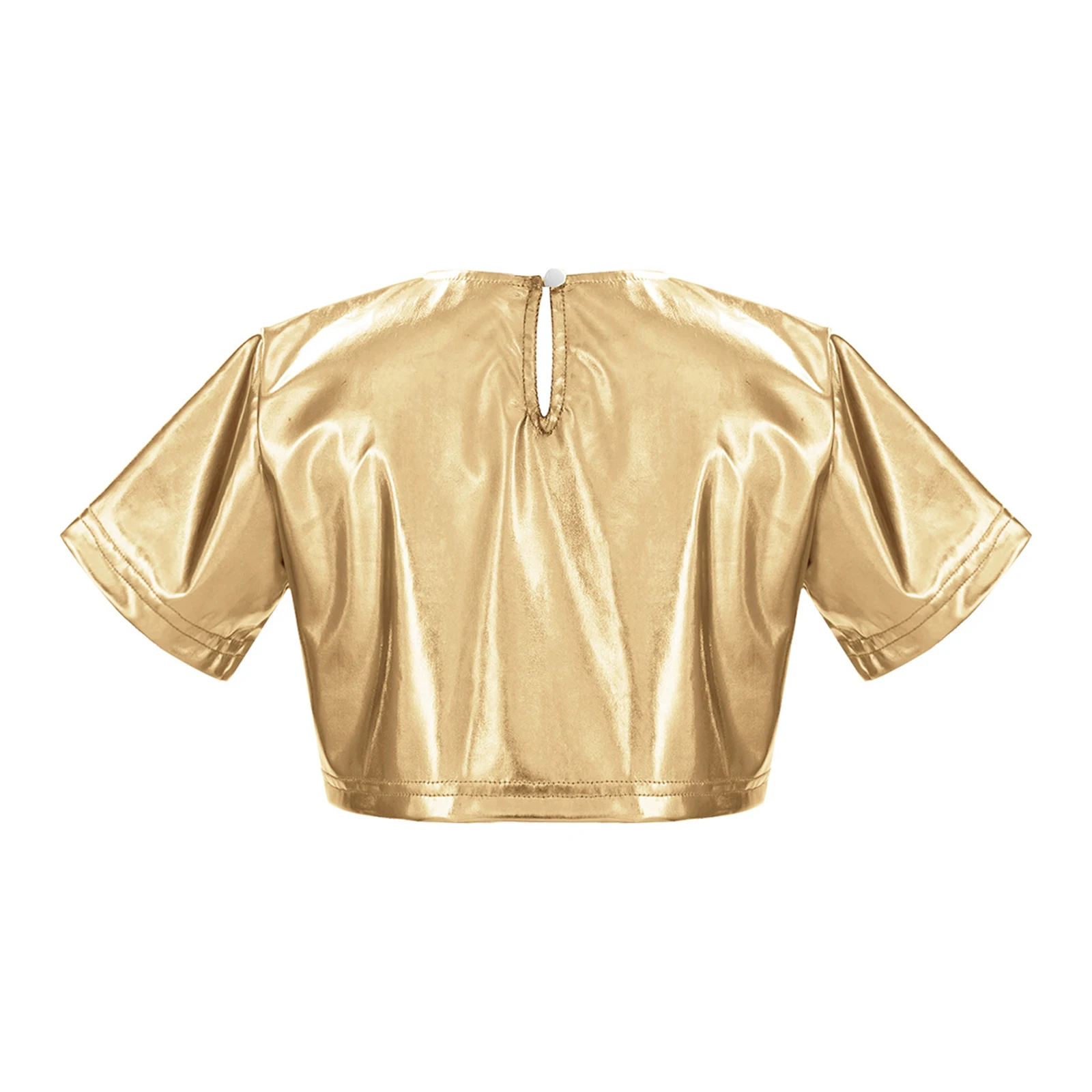 Kids Girls Metallic Shiny Crop Top Short Sleeve Round Neck Flap Pockets Tops for Hip-hop Street Dance Party Stage Performance