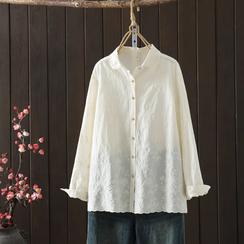 [Gotowy towar] Wysokiej jakości damska bluzka/koszula ze 100% bawełny, haft żakardowy, jednolity kolor, nowa kolekcja jesień 2025, rozpinane koszule/kardigany
