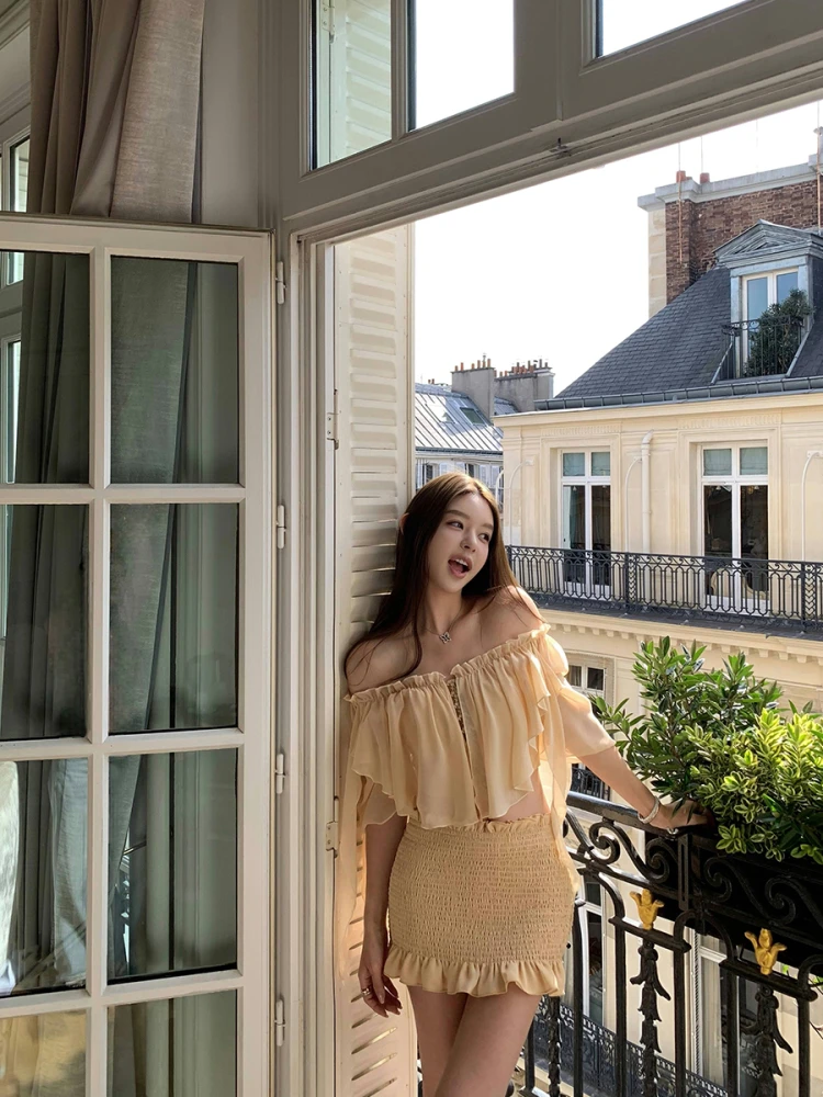 

Доброе утро, Fan Fan Fairy Aosphere, комплект из топа на одно плечо и облегающей юбки, женский летний нежный комплект из двух предметов в стиле феи.