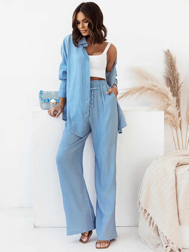 Casual Women Tracksuit Shirts Pant Suit Summer Long Sleeve Shirt Wide Leg Pants 2 Pieces Set Female 2022 Lady Fashion New Outfit