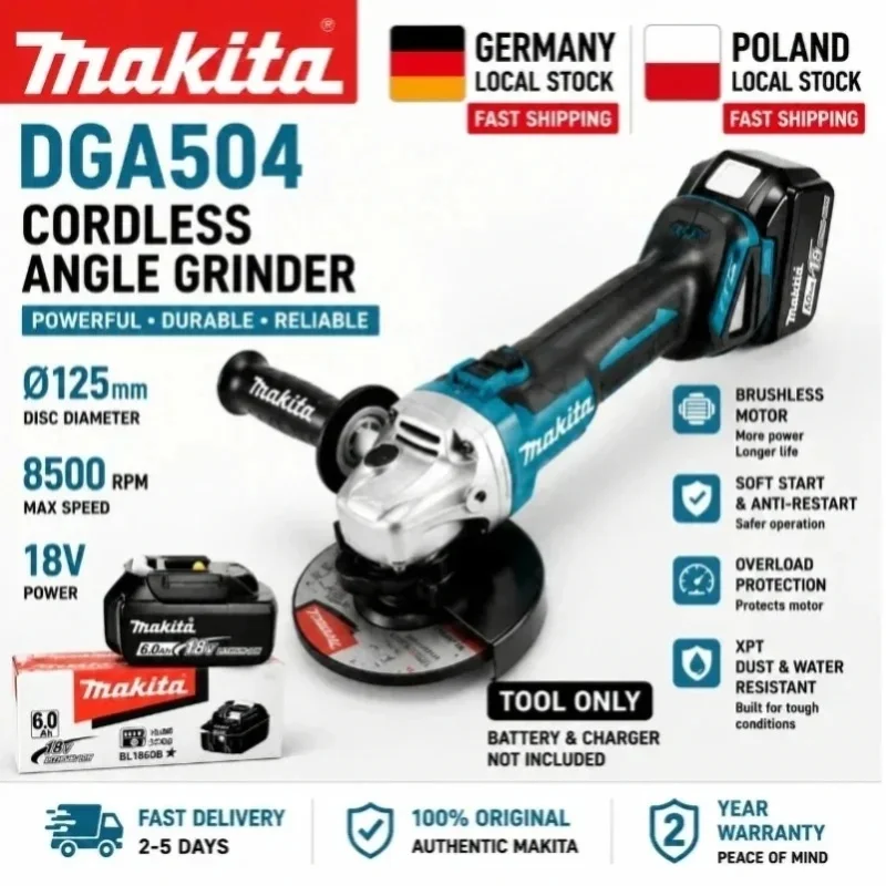 Oryginalna szlifierka kątowa akumulatorowa Makita DGA504 18V LXT bezszczotkowa 125mm, elektryczne narzędzie, sam maszyna (bez akumulatora), szybka dostawa z lokalnego magazynu w UE, kompatybilna z — 2