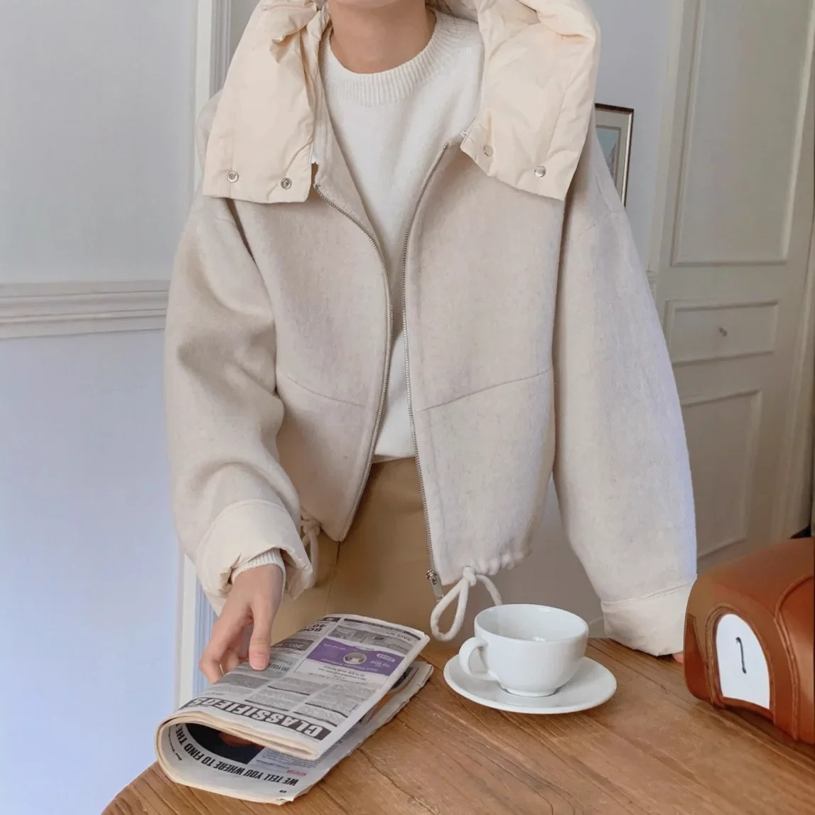 

Women's Detachable Hood Coat Patchwork Design Drawstring Waist Short Boxy Cropped Jacket Warm Fall Winter Outerwear 2025