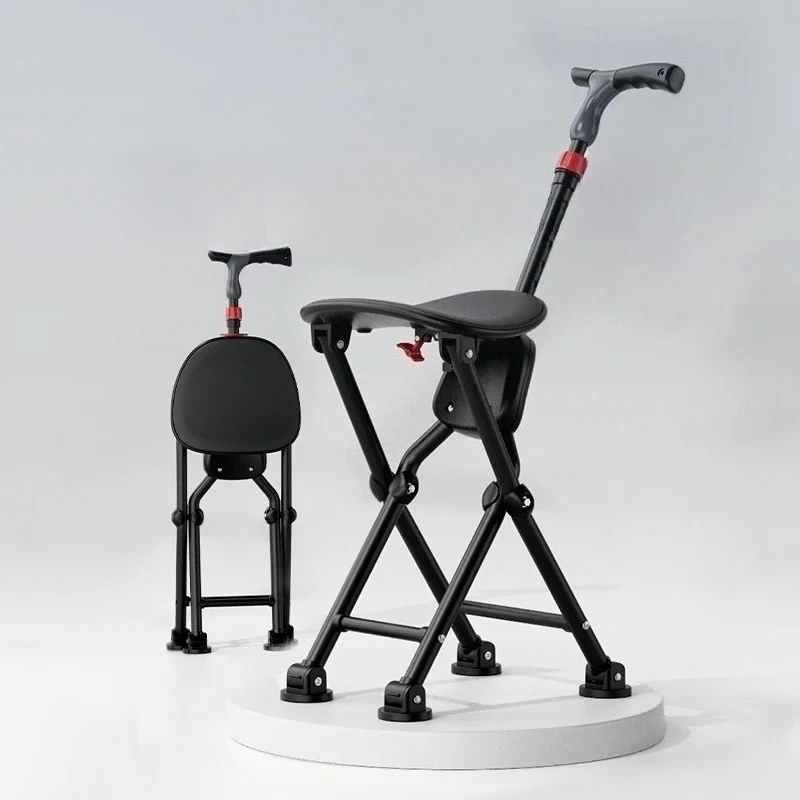 440 Lbs Heavy Duty Cane Stool Folding Walking Stick with Seat Four-Legged Adjustable Crutch Chairs Unisex for Elderly As Gift