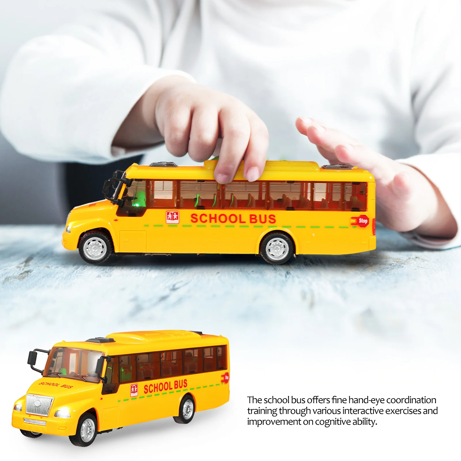 Tirare indietro l'autobus scolastico Design realistico Materiali sicuri per i bambini Coordinazione occhio-mano Autobus scolastico Giocattolo Veicolo giocattolo