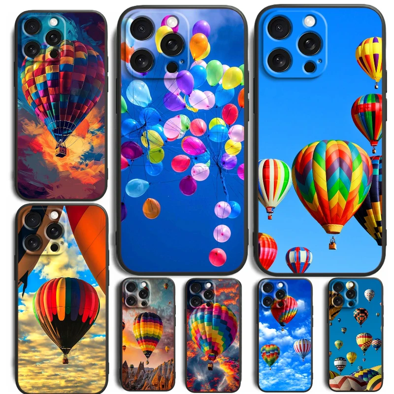 Hot Air Balloon Sky Sunset Art For iPhone 15 14 13 12 11 XS XR X 8 7 SE Pro Max Plus Mini Black Cover Phone Case