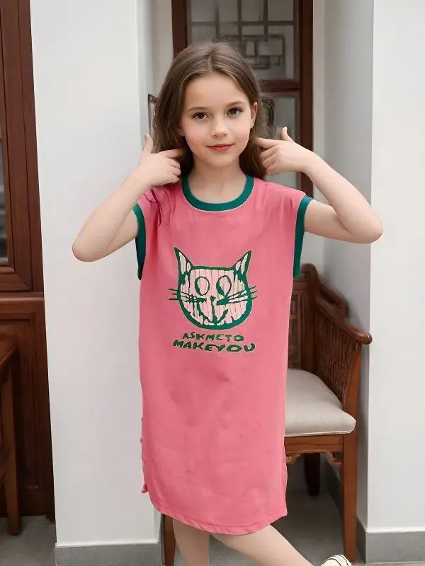 女の子綿サマードレスパジャマ韓国スタイルニットベストドレス純綿子供服年齢2-6歳向け