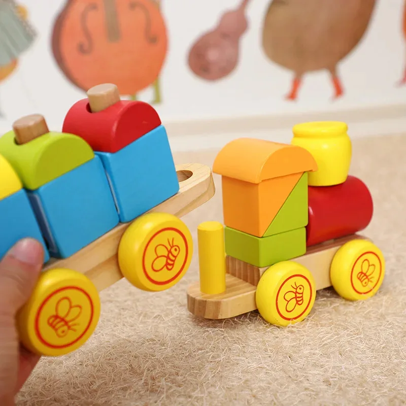 Topmaya bloco de construção de madeira trem push-pull dos desenhos animados animal forma educacional das crianças bloco de construção conjunto coluna brinquedo b157