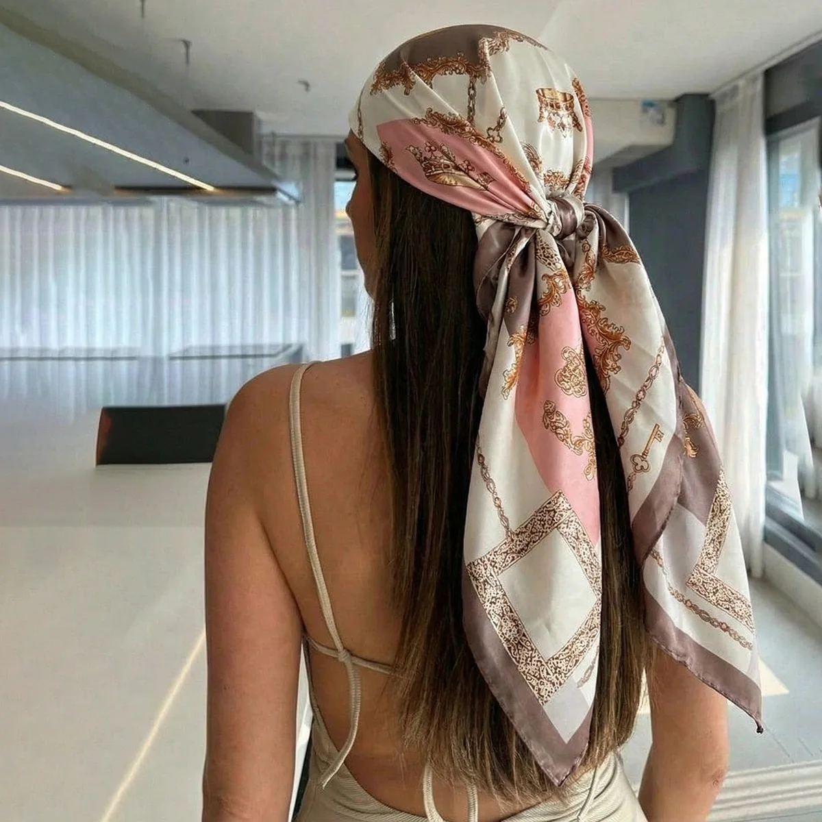 90cm Fahion Satin Silk Square Scarf Vintage Print Design Women Muslim Hijab Headband Newest Hair Band Kerchief 90*90cm