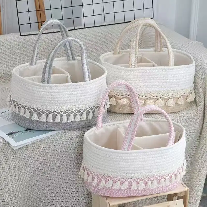 Baby Diaper Basket Toy Storage Basket Tassel Handheld Basket Hand Woven Divided Detachable and Portable