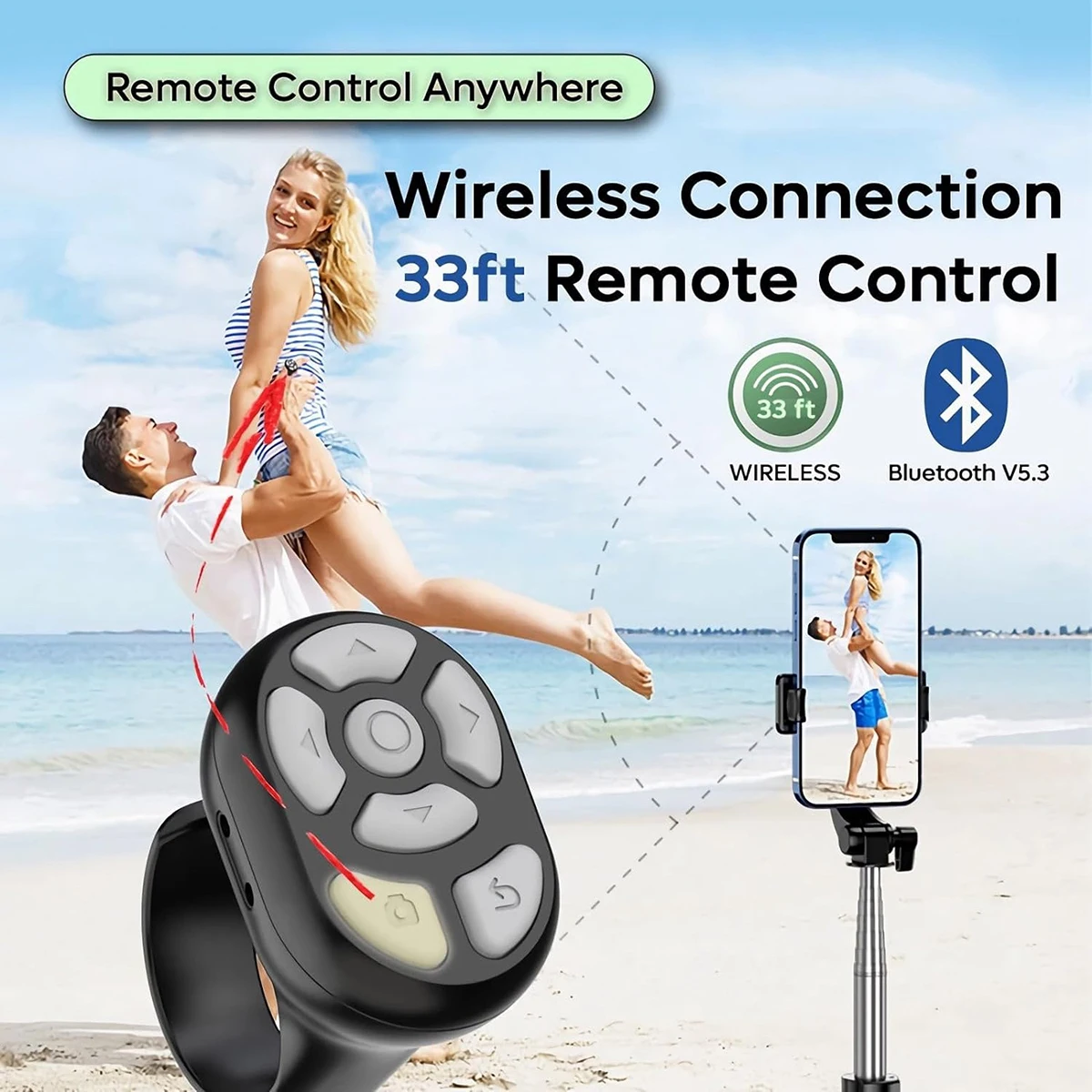 جهاز تحكم عن بعد بحلقة بلوتوث لاسلكية، وحدة تحكم فيديو لصور السيلفي بأطراف الأصابع لصفحة Tik Tok Turner لتصفح iOS Android