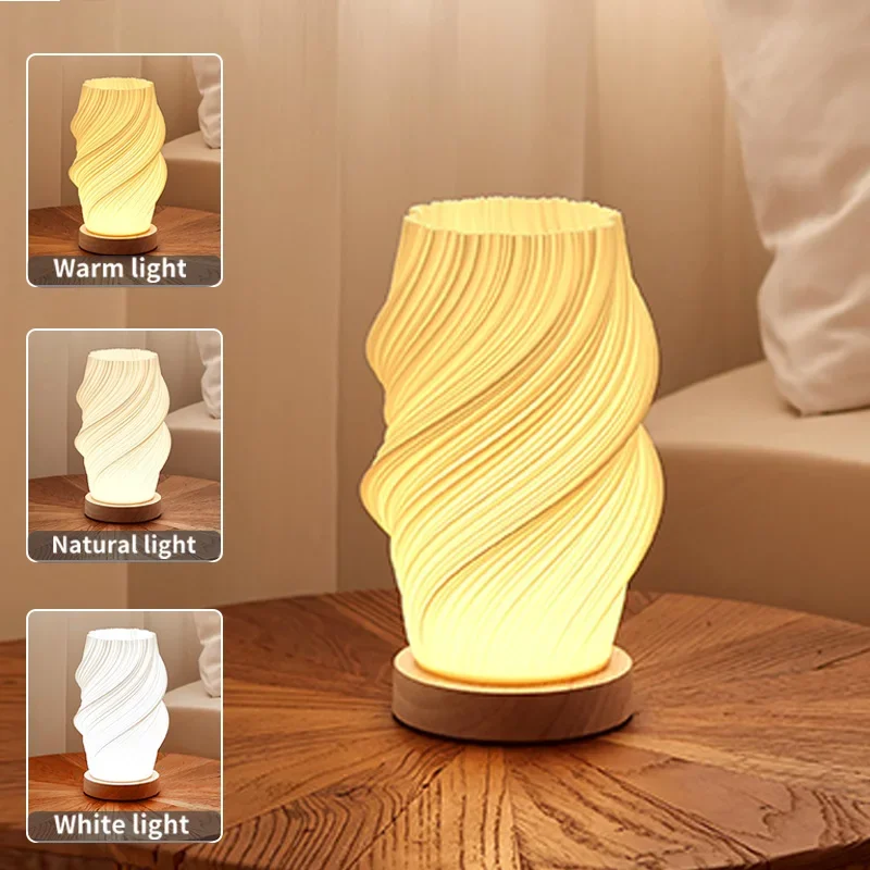 

LED Table Lamp with PLA Lampshade Bedside Lamps Small Night Light with Woodbase 3 Levels Dimmable Desk Lamp For Home Room Decor
