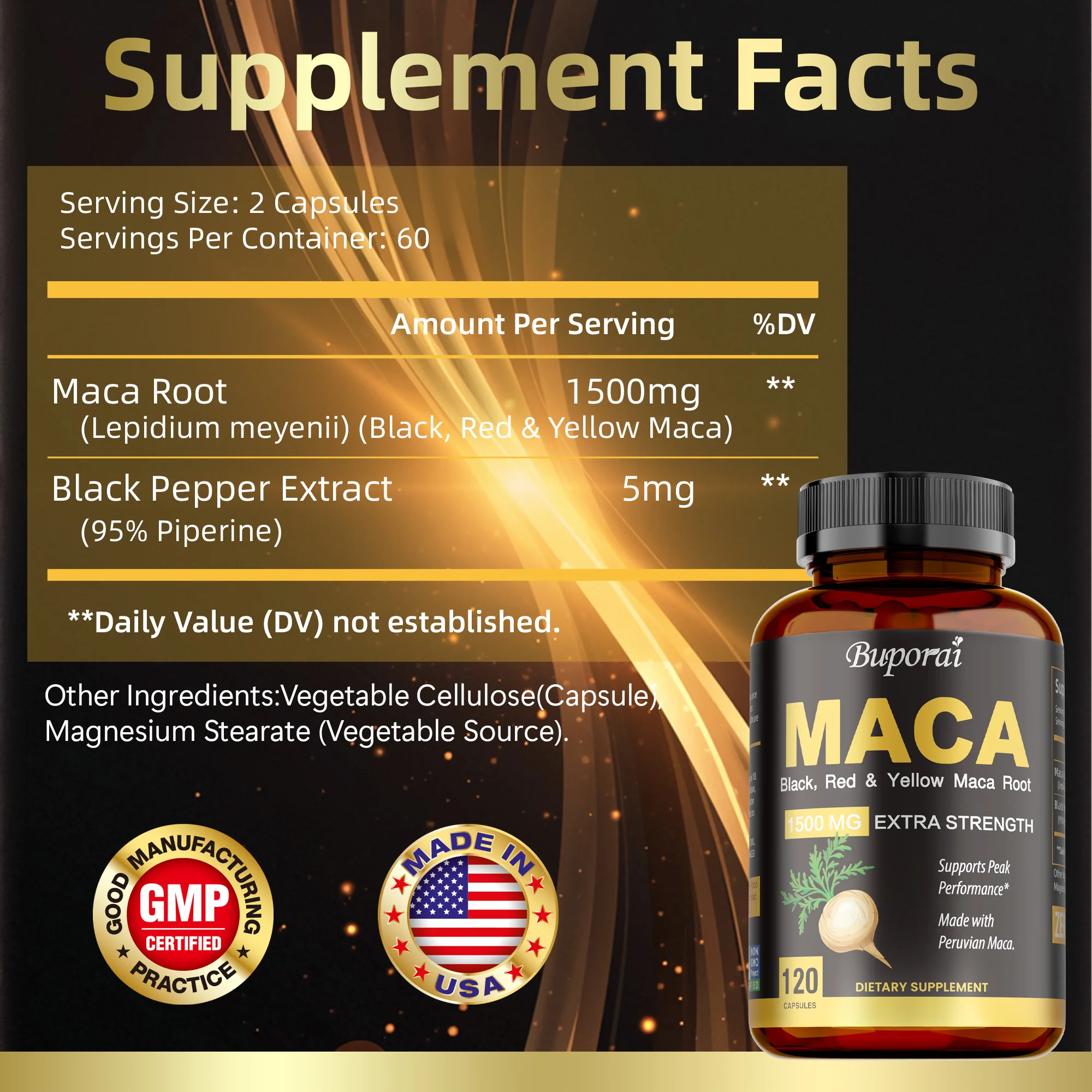 Organic Maca Root Powder Capsules with Black + Red + Yellow Peruvian Maca Root Extract Supplement for Men Women