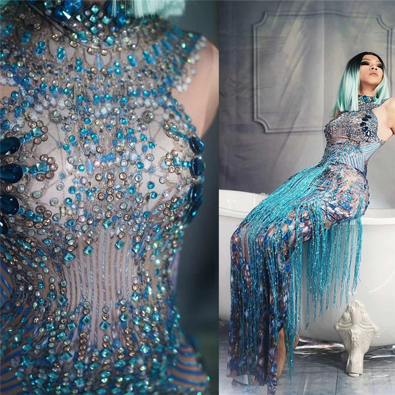 Ärmellose enge Stretch Frauen langes Kleid funkelnd blau Strass Quaste Kleider Performance Stage Nachtclub Sänger Kostüme