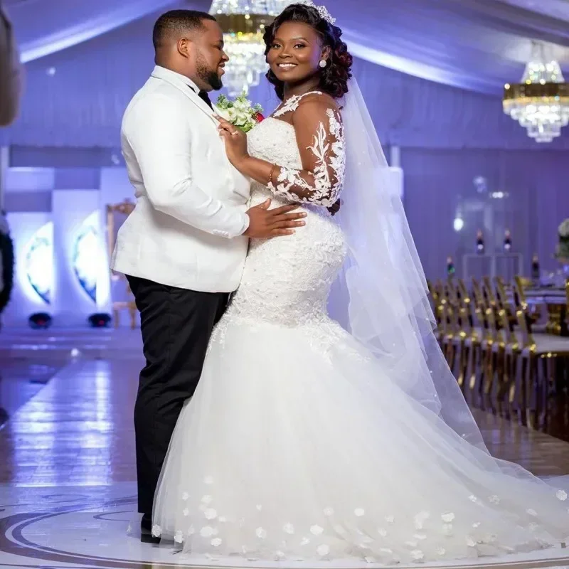 Vestidos importantes personalizados, cuello transparente, perlas, ilusión, mangas completas, vestidos de boda de sirena, novia negra para niñas