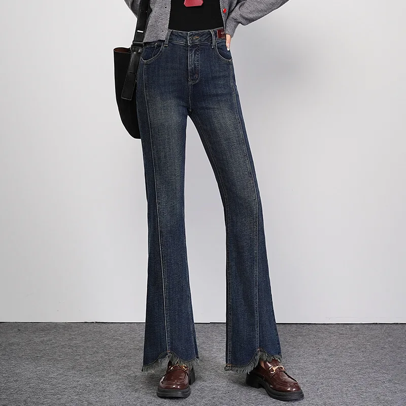 

Raw Hem Denim Flared Pants for Women, Autumn High Waist Comfortable Elegant Bell Bottoms, Slimming Stretchy Mermaid Pants