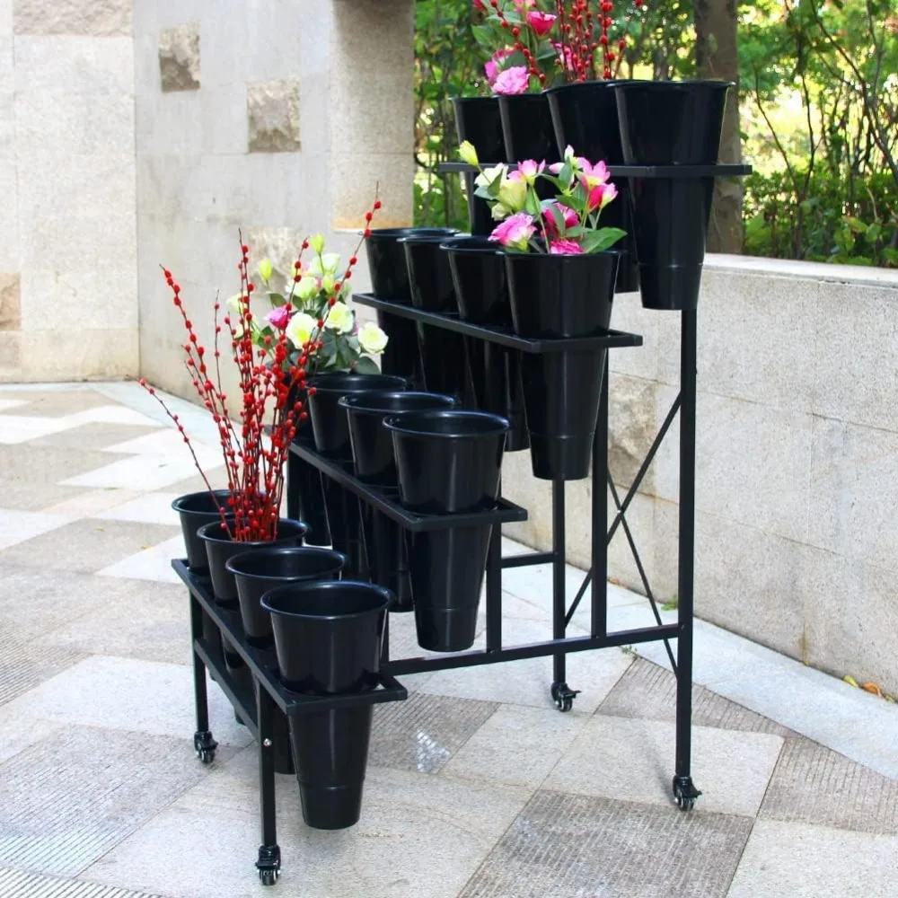 

Zhongma Flower Display Stand with 16pcs Plastic Buckets for Fresh Flowers Heavy Duty Garden Cart Moving Flower Bucket Stand