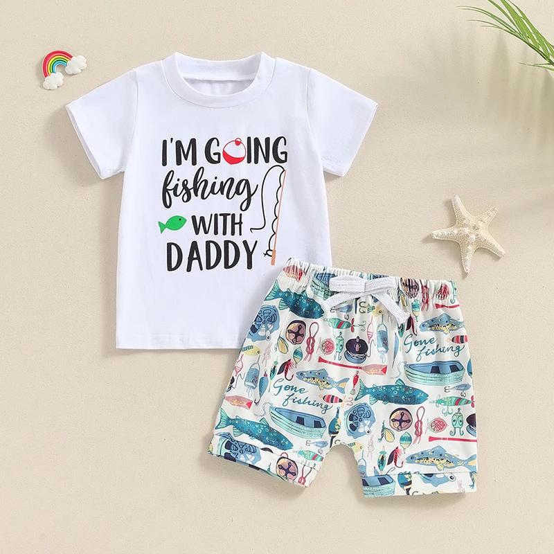 Baby Boy Fish Outfit I m Going Fishing With Daddy Short Sleeve T-Shirt Fish Print Shorts Set Toddler Summer Clothes