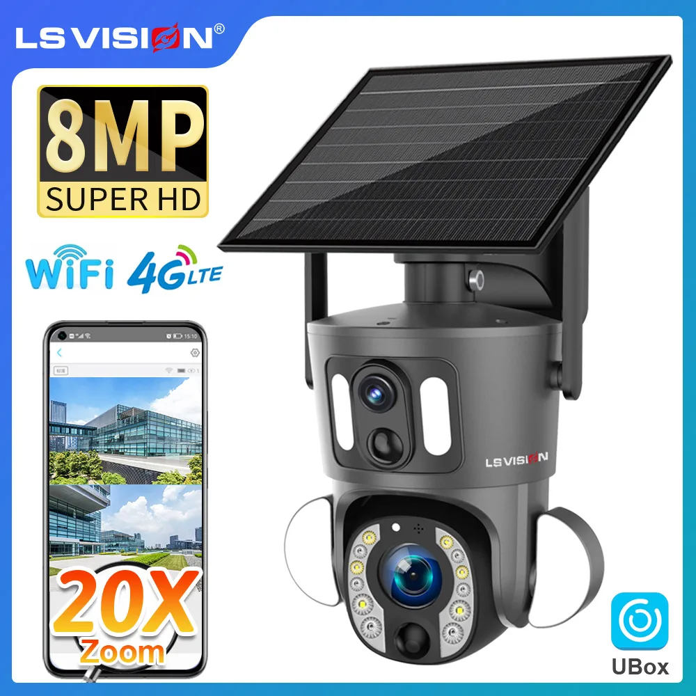 LS VISION 4K 20X Optical Zoom Dual Screen Solar Camera Outdoor 8MP 4G/WiFi PTZ Dual PIR Detection Auto Tracking Security Cameras