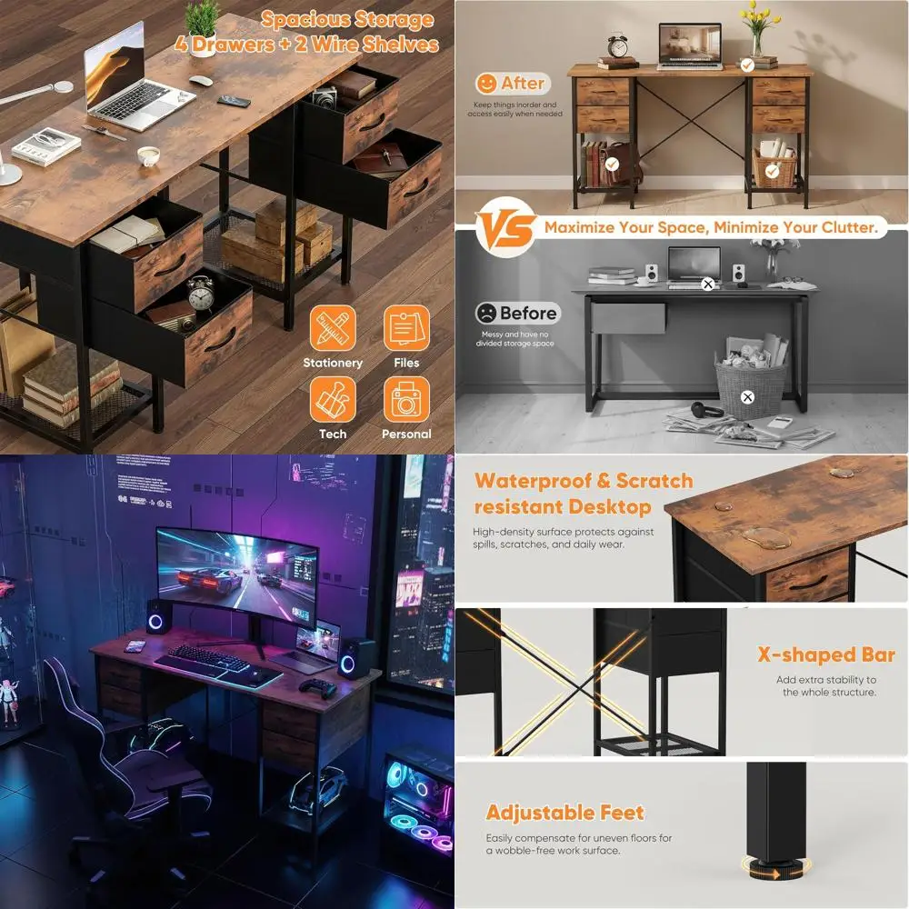 

Письменный стол из ткани шириной 47 дюймов с 4 ящиками и 2 сетчатыми полками, деревянный учебный стол с X-образной рамой, коричневый