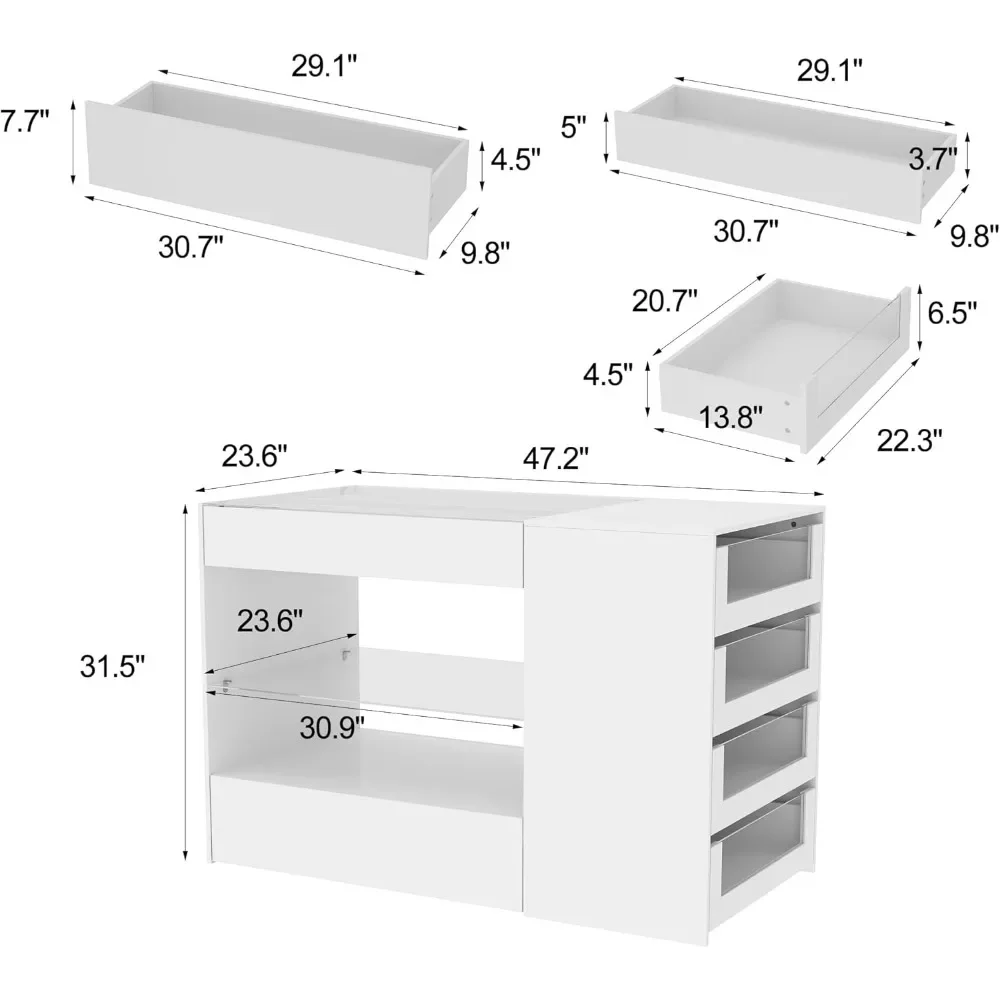 White Dresser, Modern Chest of Drawers with Glass Shelf and 8 Drawers, Versatile Closet Island Storage Cabinet Closet Wardrobe