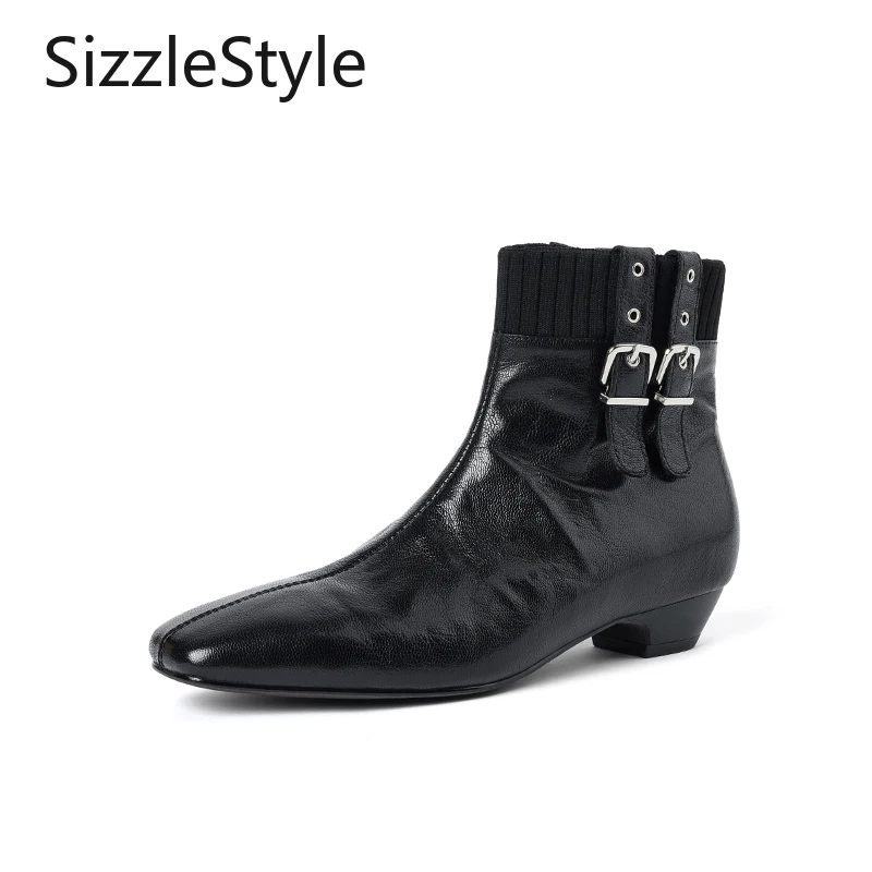 

Fashion Women's Genuine Leather Solid Color Square Nose Simple Contrast Stitching Belt Buckle Thick Heel Short Boots