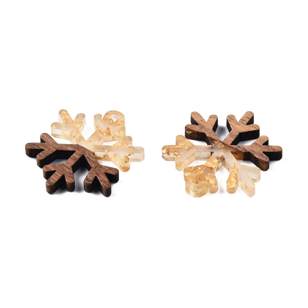 20Pcs Resin Wood Charms with Gold Foil Christmas Snowflake Wooden Resin Effect Dangle Pendants for Jewelry Making DIY Earrings