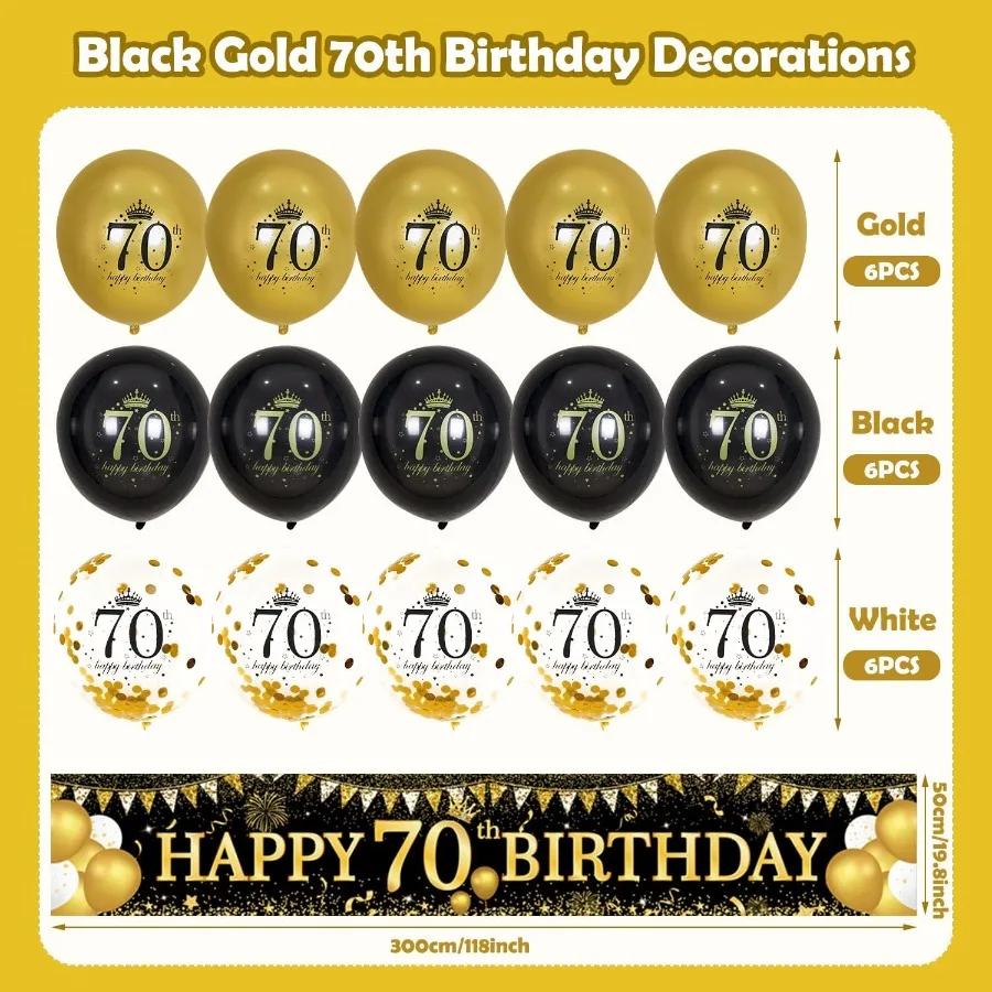 70th Birthday Decorations Black Gold 70th Birthday Banner and Balloons for Indoor Outdoor Parties