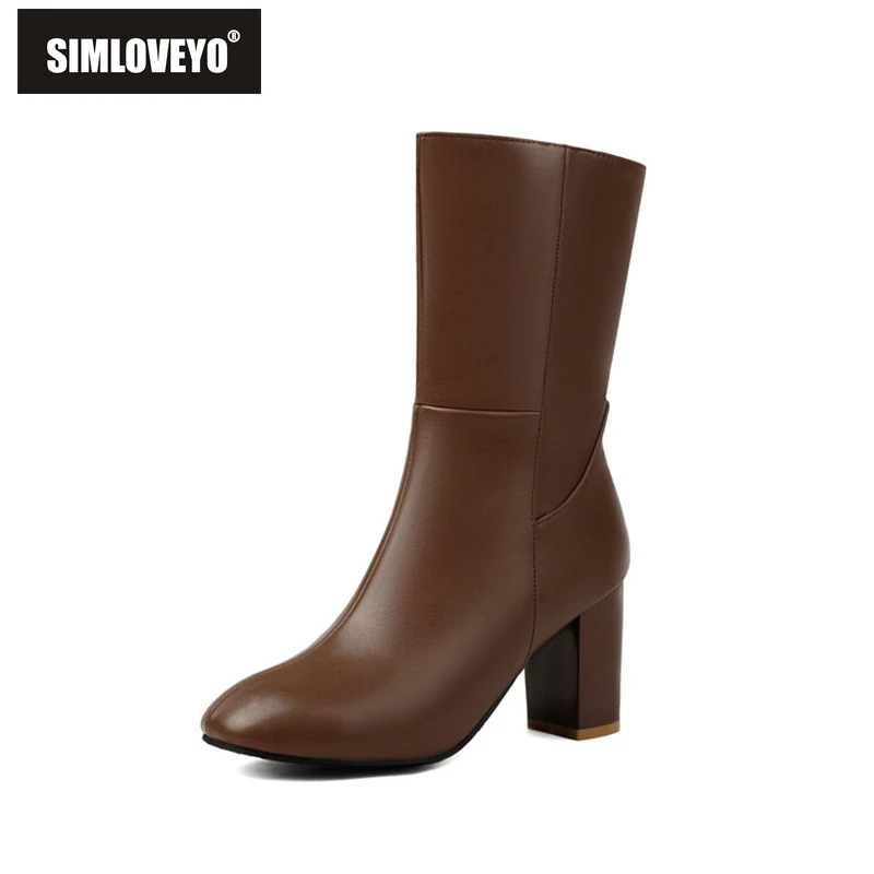 

SIMLOVEYO 2024 New Classic Midcalf Boots Round Toe 8CM Block Heels Zipper Faux Leather Plus Size 43 44 45 46 47 48 US17 Fashion