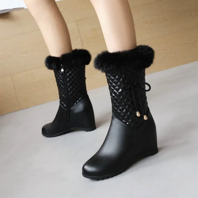 Snow Boots Women Fashion Round Toe Leather Wedges Heels Side Zipper Winter Plush Warm White Platform Boots Size 33 42 43 11-50
