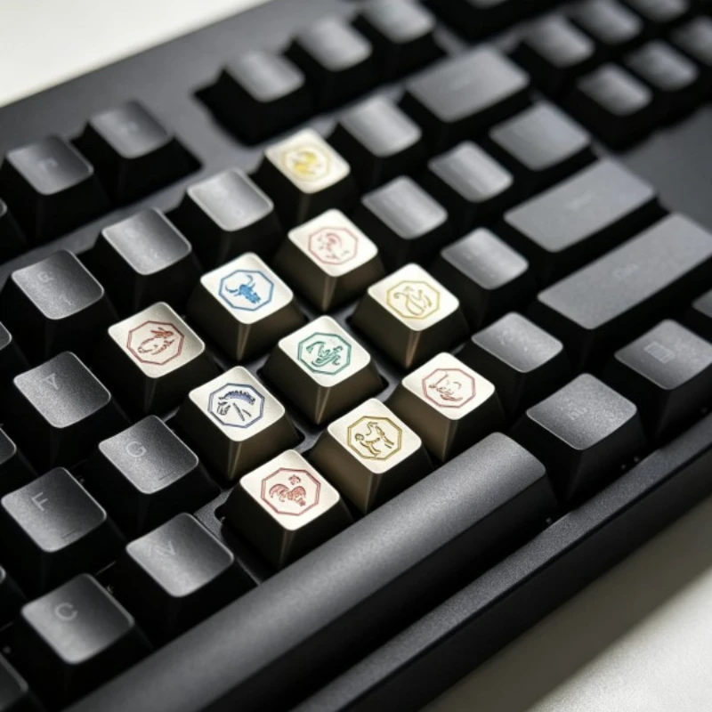 Chin12pcs Ese Zodiac Zinc Alloy Keycap Custom Carving Mother of Pearl Metal Key Cap Cute Cartoon Anime Point Keycaps MX Switch