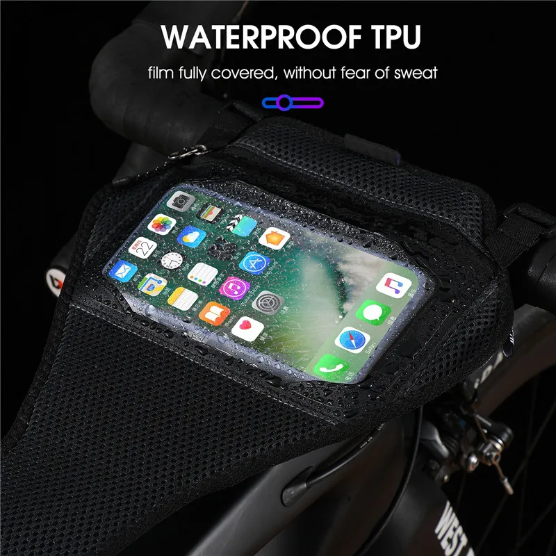 WEST BIKING-tiendas para el sudor con marco de bicicleta, funda táctil para teléfono, entrenador de bicicleta a prueba de sudor, protector